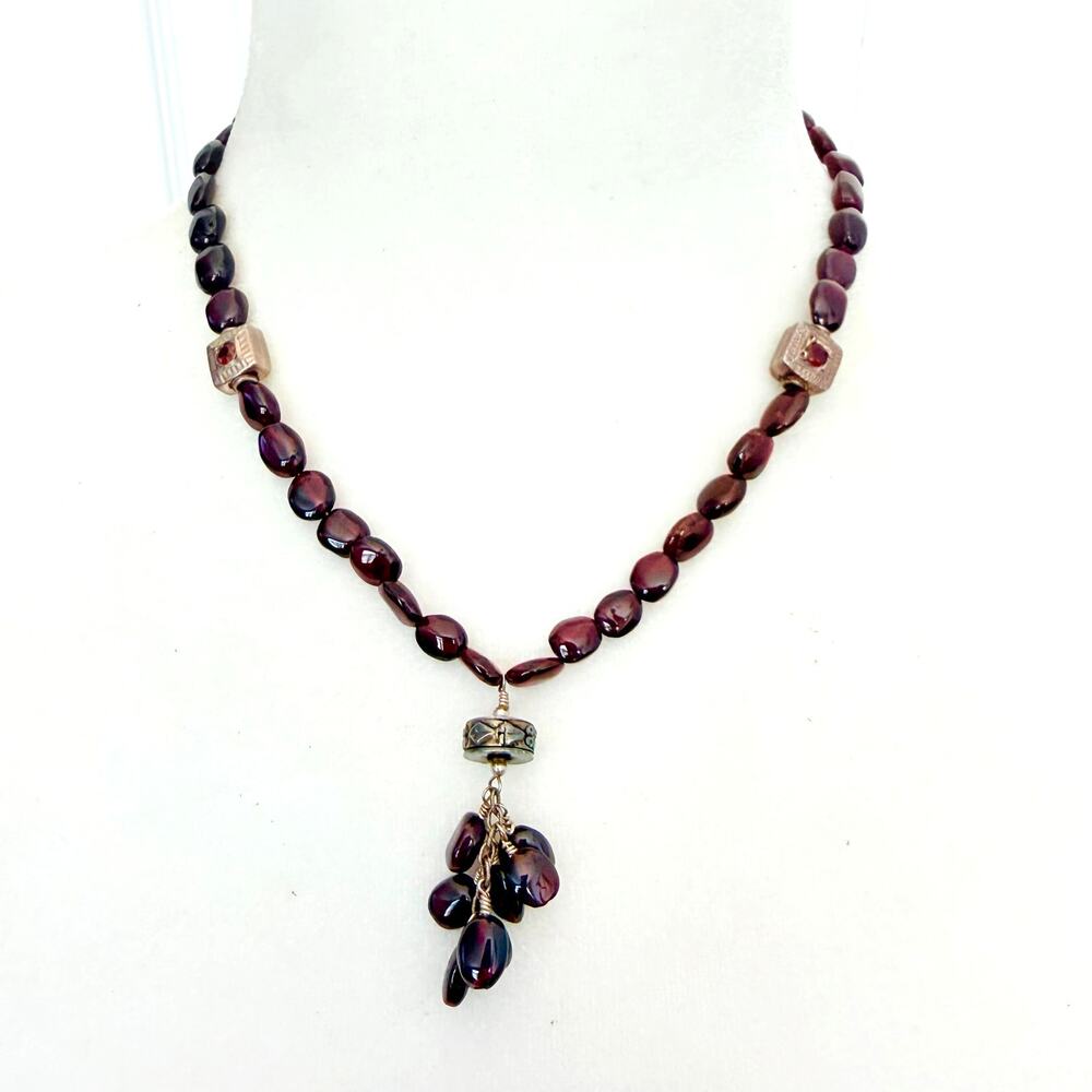 Garnet? reddish purple gemstone and silver beaded cascade statement necklace